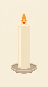 Single white burning candle on a saucer plate with glowing flame