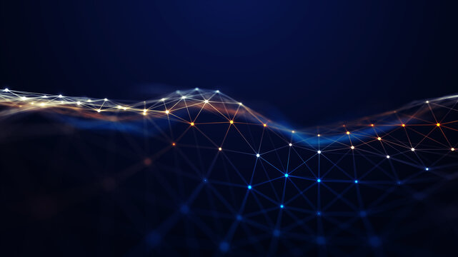 Abstract digital network wave with glowing nodes and connected lines flowing across a dark blue background, representing big data, communication, connectivity, technology and digital transformation.