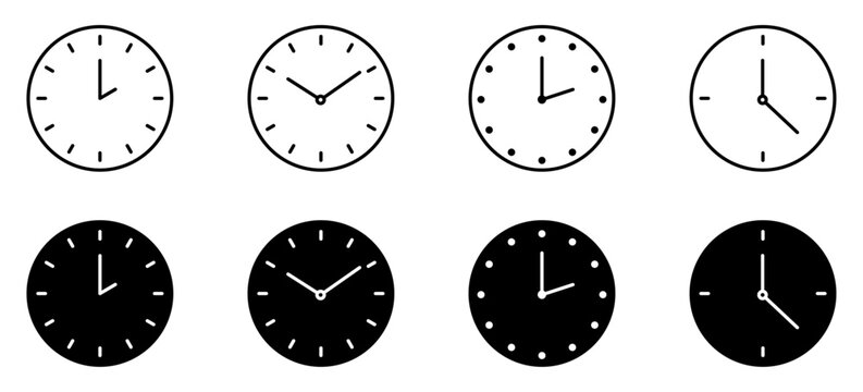 Clock icon set for timekeeping, schedules, appointments, deadlines, business and education.