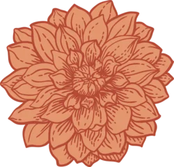 A stylized illustration of a dahlia in warm terracotta tones with detailed line work and layered petals. Perfect for prints, cards, and decorative designs. © Lisla