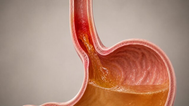 3D Medical Illustration of Acid Reflux Showing Gastric Acid Flowing from the Stomach into the Esophagus