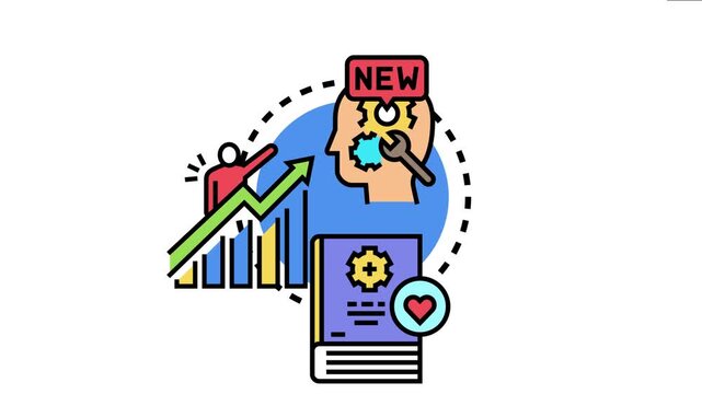 Person optimizing abilities and acquiring knowledge, seeing professional progress with an upward graph, and developing new competencies through education and training