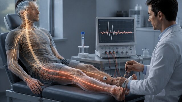 Advanced Neurology Diagnosis: Doctor performing Nerve Conduction Test on Patient with Glowing Nervous System Visual