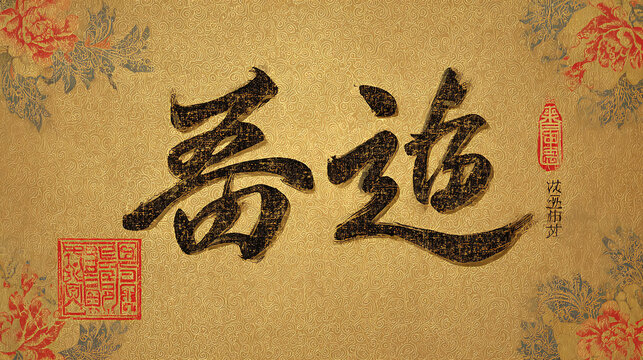Traditional east asian calligraphy with dark ink on a textured gold background