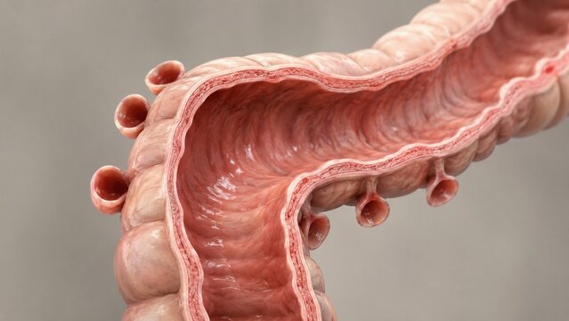 3D Medical Illustration of Human Colon Showing Diverticulosis and Diverticula Pouches