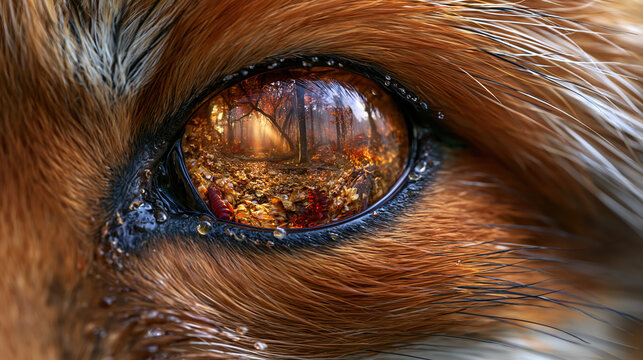 Extreme close up of red fox eye reflecting autumn forest, surrounded by dense rusty fur and moisture, creating vivid wildlife portrait