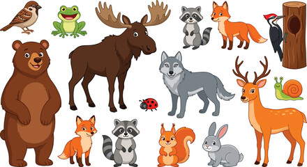 Obraz premium Cute cartoon forest animals vector illustration set featuring friendly woodland characters bear moose wolf deer fox raccoon and squirrel isolated on white