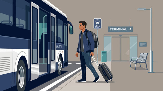 Man with luggage boarding shuttle bus at terminal