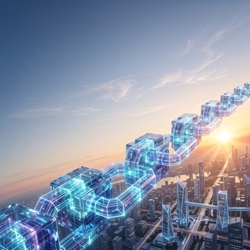 Glowing blue digital blockchain chain floating above modern city skyline at sunrise