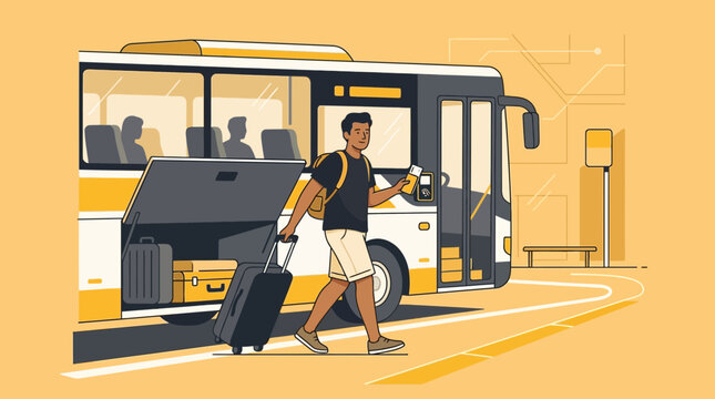 Man with luggage at bus station, travel concept, illustration