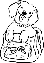 Fototapeta premium Cute Back to School Dog Outline Golden Retriever Sitting in a Pink Backpack Cartoon Hand Drawn