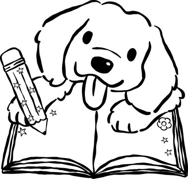 Cute Back to School Dog Outline Golden Retriever Writing in a Notebook Cartoon Hand Drawn
