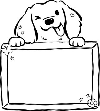 Cute Back to School Dog Outline Golden Retriever Holding a Blank Blackboard Cartoon Hand Drawn