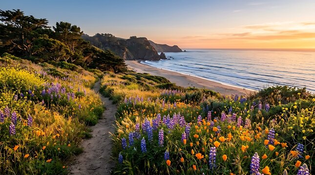 Colorful Wildflowers Along a Scenic Coastal Trail
