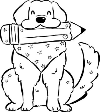 Cute Back to School Dog Outline Golden Retriever Holding a Pencil Cartoon Hand Drawn