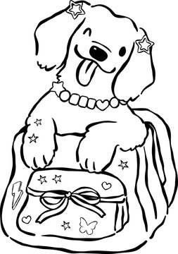 Cute Back to School Dog Outline Golden Retriever Sitting in a Pink Backpack Cartoon Hand Drawn