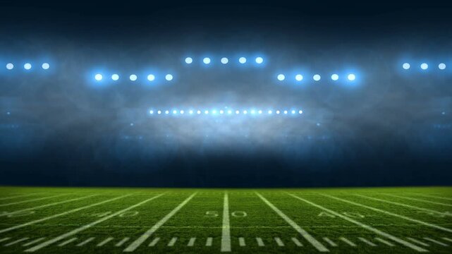 American Football Stadium at Night with Bright Stadium Lights and Packed Audience, Sport advertisement 4K video	