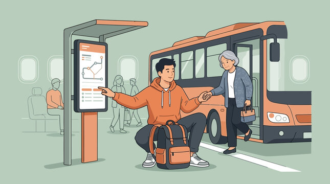 Man Using Digital Transit Map at Bus Stop, Woman Exiting Bus