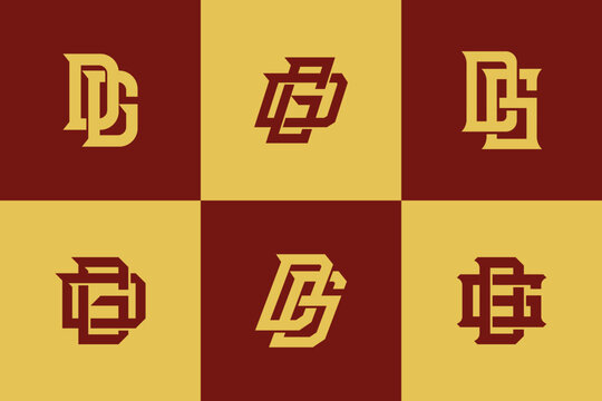 Six vintage varsity monogram logos with interlocking letters D and G on maroon and gold background