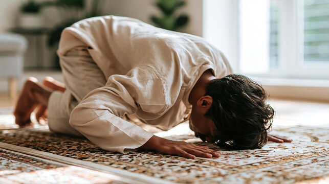 Muslim man performing prayer on patterned carpet in peaceful home interior