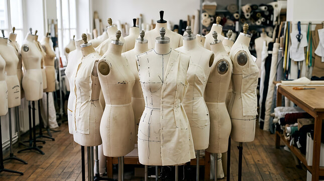 Creative fashion design studio with vintage dress forms and sewing supplies in a well-lit workspace