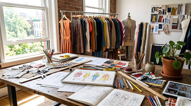 Creative fashion design workspace featuring colorful clothing samples and design sketches with tools and inspiration boards