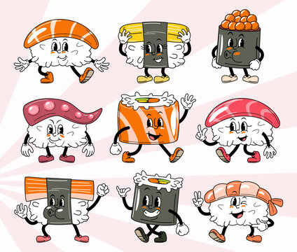 Japanese sushi retro rubber hose cartoon characters set, featuring walking salmon nigiri, tamago, ikura gunkan, octopus sushi, maki roll, tuna, crab stick sushi and shrimp nigiri. Vector illustration.