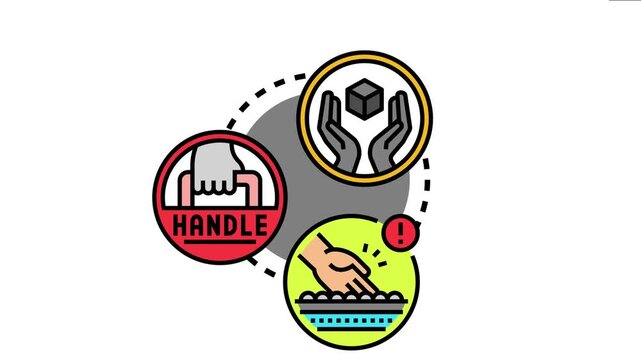 Understanding careful handling required concepts with icons for fragile goods, proper grip, and avoiding contact with sensitive surfaces, emphasizing safety and protection