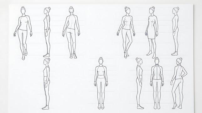 Sketches of Various Female Body Poses and Standing Positions for Artistic or Design Purposes