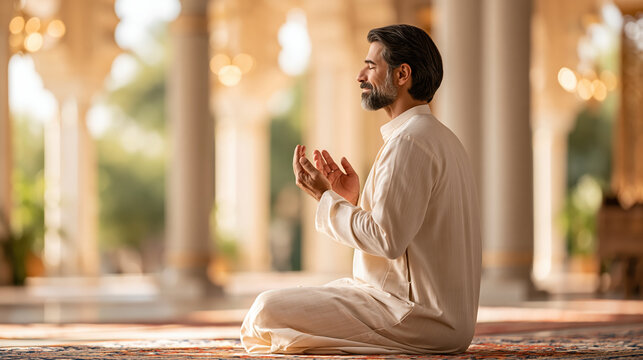 Senior Middle Eastern Muslim man praying in mosque, seated peacefully with raised hands and warm natural light