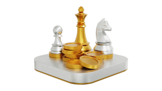 3D Chess Pieces, King, Knight and Pawn with Coins Icon on Transparent Background. Strategic Financial Planning, Investment Tactics, Business Strategy and Decision Making