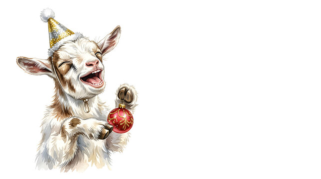 A hilarious cute goat laughing uncontrollably, eyes squeezed shut, mouth wide open, wearing a tiny New Year party hat, holding a sparkling Christmas ornament, playful exaggerated expression,