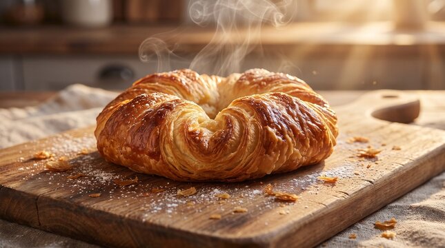 Freshly baked steaming circular croissant pastry on a rustic wooden cutting board in morning sunlight, Generative AI