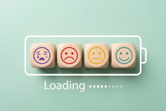 Customer satisfaction survey concept with wooden blocks and battery loading bar