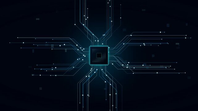 Abstract digital background featuring multiple glowing CPU chipsets with interconnected electronic circuit board pathways