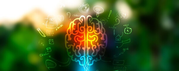 Vibrant brain glows with intelligent hues. Surrounded by abstract symbols of thought and knowledge. Soft green bokeh background adds serene energy. Ideal for concepts of innovation, learning © Issarawat Tattong