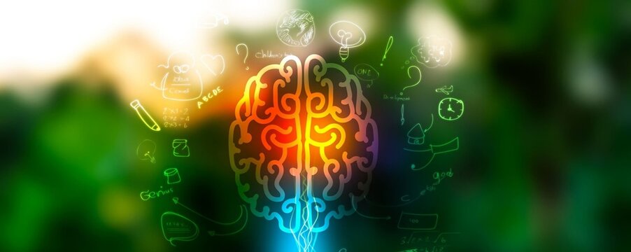 Vibrant brain glows with intelligent hues. Surrounded by abstract symbols of thought and knowledge. Soft green bokeh background adds serene energy. Ideal for concepts of innovation, learning