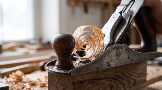 A vintage metal hand plane shaping a piece of timber in a wooden workshop