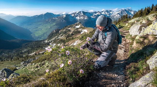 Senior hiker admiring pink wildflowers on a rocky mountain trail with a scenic valley and snowy peaks in the background