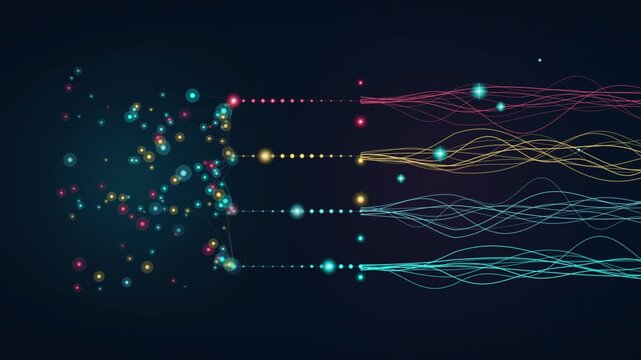 Abstract data visualization showing colorful particle networks and flowing digital lines on a dark background