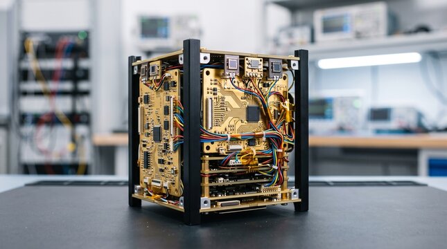 Unfinished miniature satellite prototype sitting on a laboratory workbench