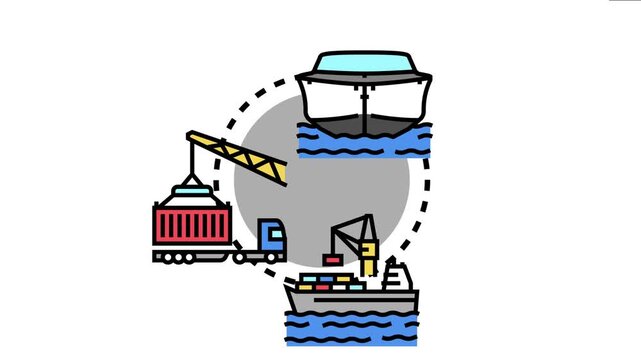 Cargo port operations showing container ship arrival, berthing, and crane mechanisms loading and unloading freight from vessels onto trucks