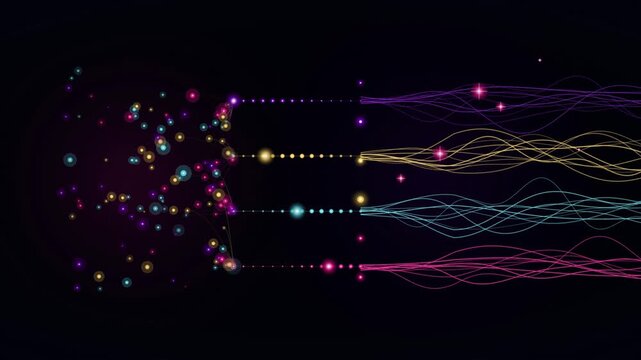 Abstract data visualization collection with glowing particle networks and flowing digital lines on dark background