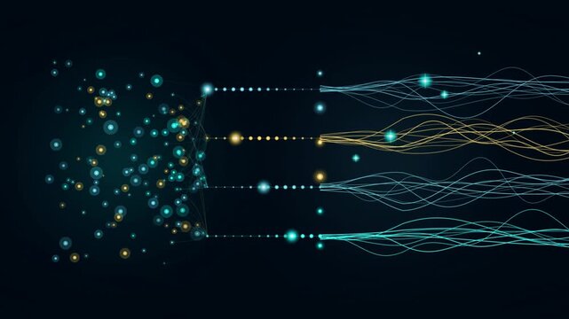 Abstract data visualization showing particle flow and network connections in a dark digital technology background