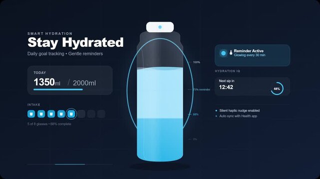 Modern smart water bottle with hydration tracking display and blue LED light