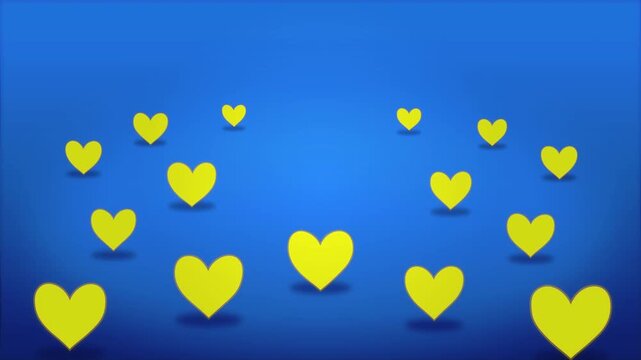 3d animation blue surface yellow hearts inflating abstract background, love celebration