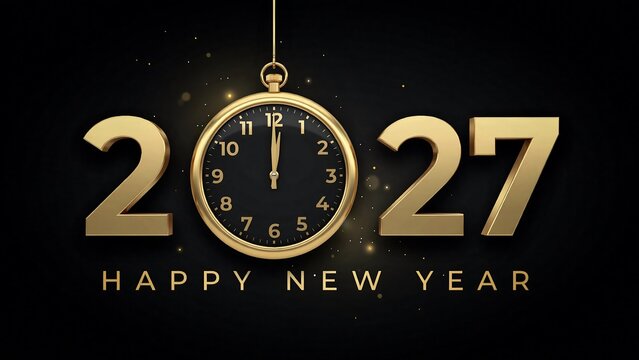 2027 happy new year greeting with vintage clock on dark background