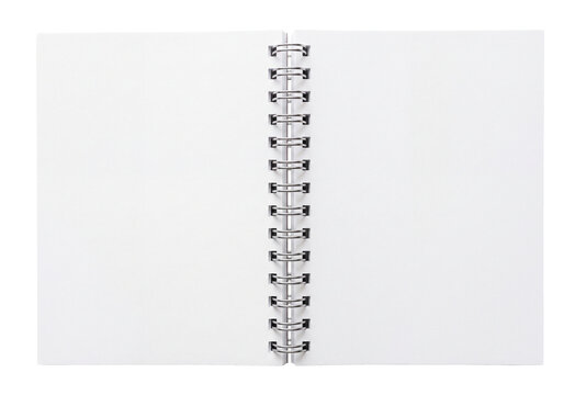 Open blank spiral notebook isolated on transparent background, white pages and metal binding for writing, school, office, study, journaling, planning and creative ideas, minimalist stationery mockup