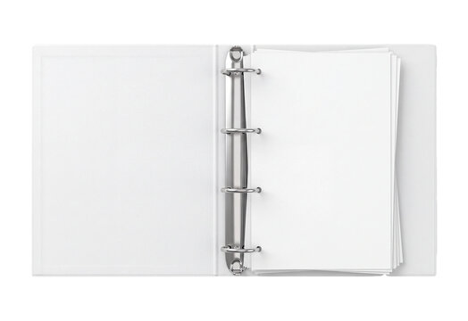 Open blank ring binder notebook isolated on transparent background, white pages and metal mechanism for writing, school, office, study, journaling, planning and organization, minimalist stationery