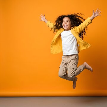 Joyful Child Jumping High with Arms Open on Bright Orange Background with Copy Space